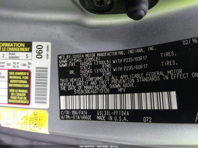 46261678 :رقم المزاد ، 5TDZK3DC4GS713126 vin ، 2016 Toyota Sienna L 7 Passenger مزاد بيع