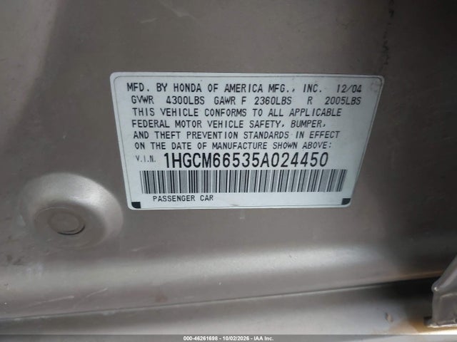 Aukcja sprzedaży 2005 Honda Accord 3.0 Ex, vin: 1HGCM66535A024450, numer aukcji: 46261698