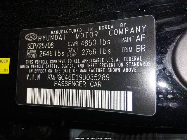 Продаж на аукціоні авто 2009 Hyundai Genesis 3.8, vin: KMHGC46E19U035289, номер лоту: 46261706