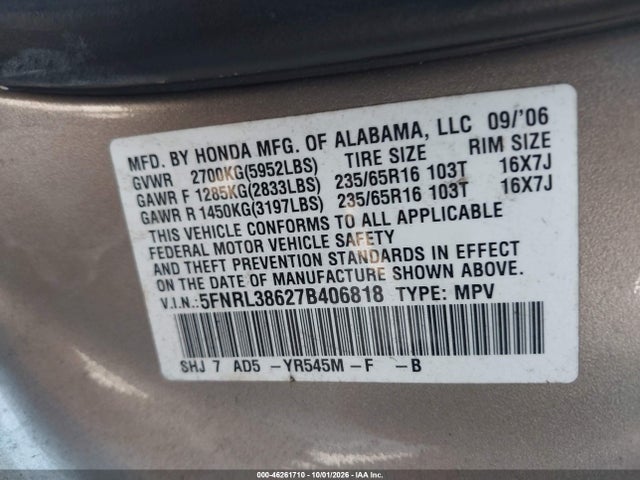 46261710 :رقم المزاد ، 5FNRL38627B406818 vin ، 2007 Honda Odyssey Ex-l مزاد بيع