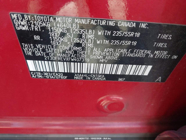 Aukcja sprzedaży 2015 Toyota Rav4 Limited, vin: 2T3DFREVXFW407319, numer aukcji: 46261732