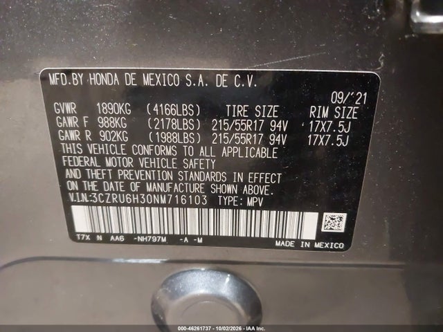Aukcja sprzedaży 2022 Honda Hr-v Awd Lx, vin: 3CZRU6H30NM716103, numer aukcji: 46261737