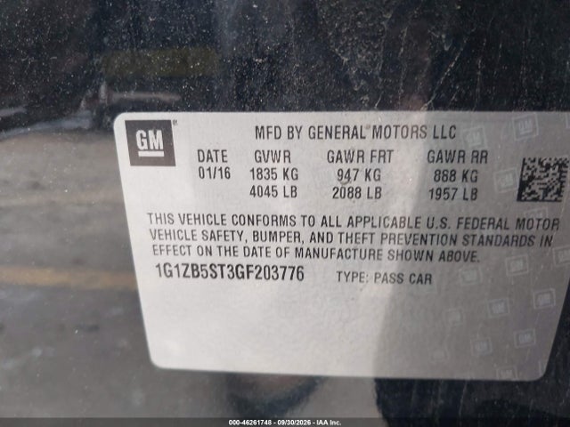 2016 Chevrolet Malibu Ls მანქანა იყიდება აუქციონზე, vin: 1G1ZB5ST3GF203776, აუქციონის ნომერი: 46261748