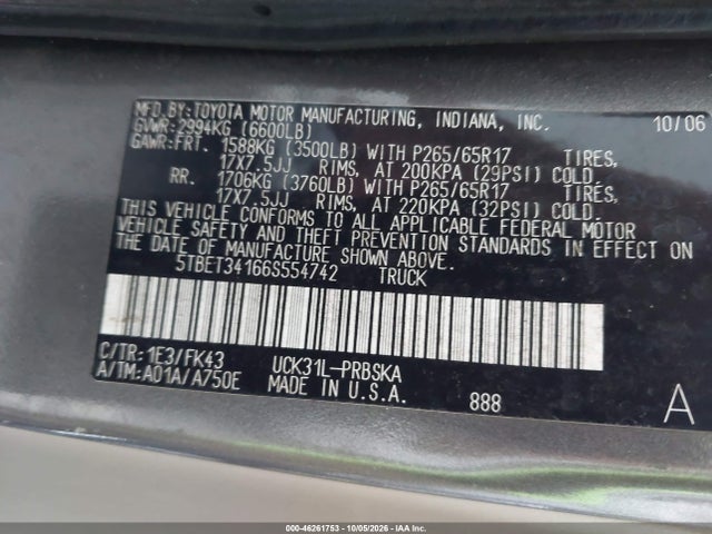 2006 Toyota Tundra Sr5 V8 მანქანა იყიდება აუქციონზე, vin: 5TBET34166S554742, აუქციონის ნომერი: 46261753