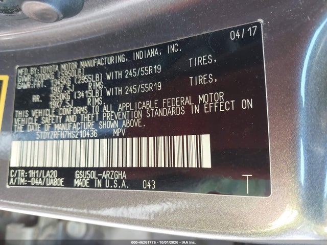 Продажа на аукционе авто 2017 Toyota Highlander Limited, vin: 5TDYZRFH7HS210436, номер лота: 46261776