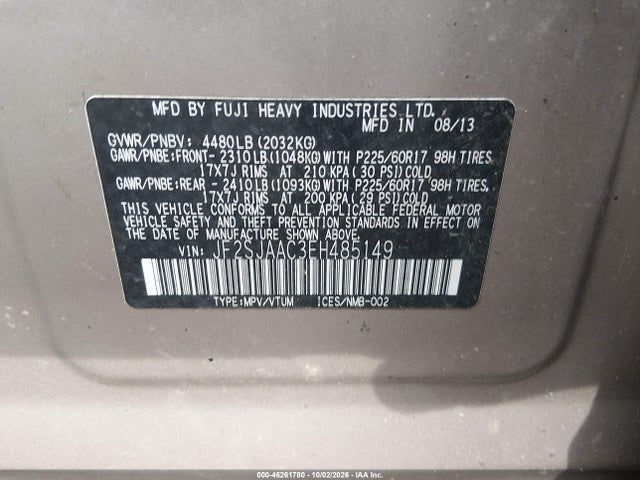 2014 Subaru Forester 2.5i მანქანა იყიდება აუქციონზე, vin: JF2SJAAC3EH485149, აუქციონის ნომერი: 46261780