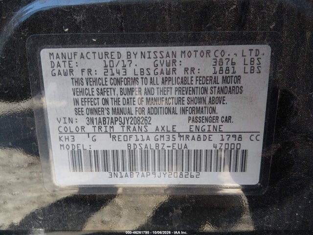 46261795 :رقم المزاد ، 3N1AB7AP9JY208262 vin ، 2018 Nissan Sentra S مزاد بيع