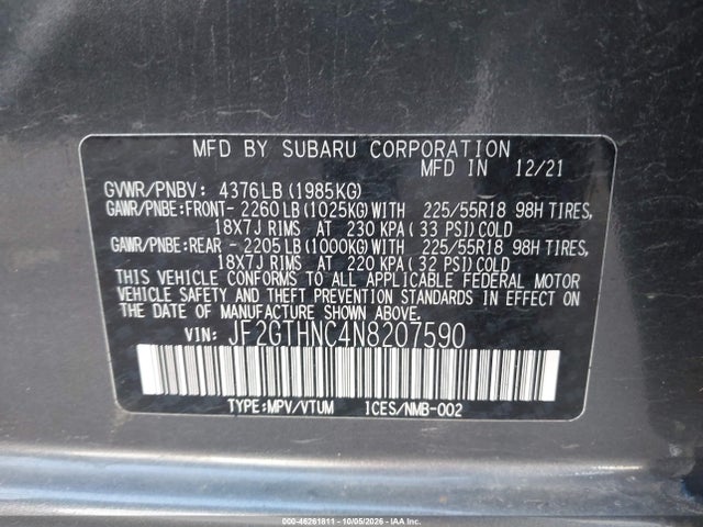Aukcja sprzedaży 2022 Subaru Crosstrek Limited, vin: JF2GTHNC4N8207590, numer aukcji: 46261811