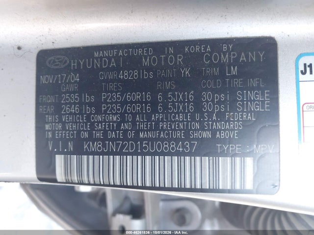 Продажа на аукционе авто 2005 Hyundai Tucson Gls/lx, vin: KM8JN72D15U088437, номер лота: 46261836
