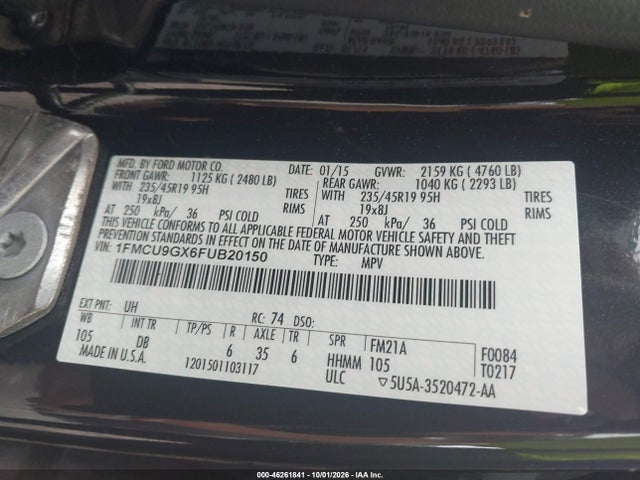46261841 :رقم المزاد ، 1FMCU9GX6FUB20150 vin ، 2015 Ford Escape Se مزاد بيع