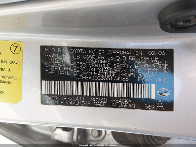 46261842 :رقم المزاد ، JTHBA30G365174966 vin ، 2006 Lexus Es 330 مزاد بيع