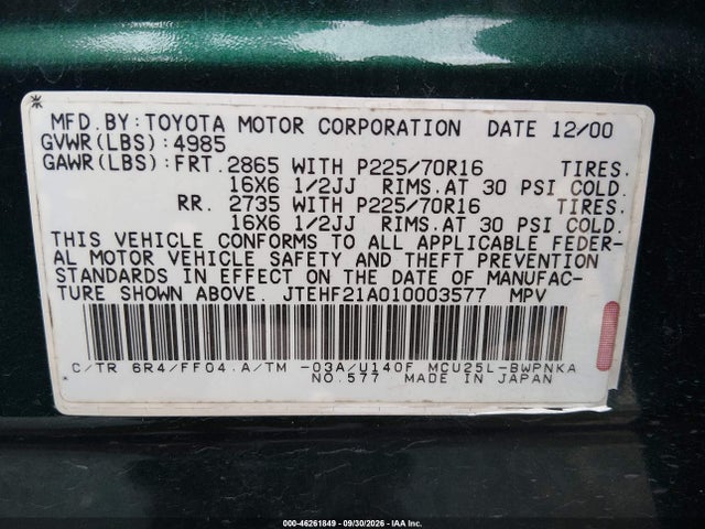 2001 Toyota Highlander V6 მანქანა იყიდება აუქციონზე, vin: JTEHF21A010003577, აუქციონის ნომერი: 46261849