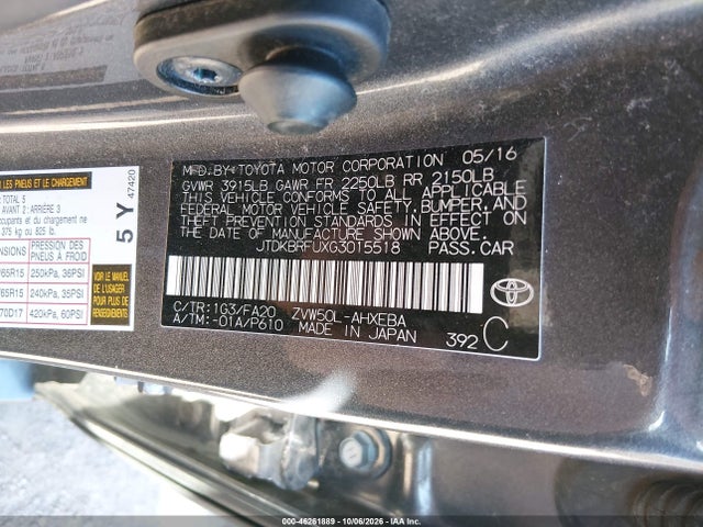 Aukcja sprzedaży 2016 Toyota Prius, vin: JTDKBRFUXG3015518, numer aukcji: 46261889