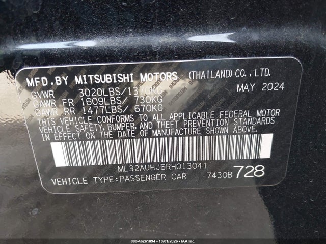 46261894 :رقم المزاد ، ML32AUHJ6RH013041 vin ، 2024 Mitsubishi Mirage Es/le مزاد بيع