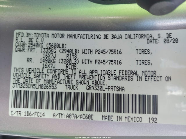3TMBZ5DN5LM026953 Toyota Tacoma Sr5 V6