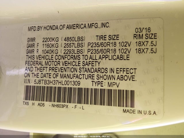 46261927 :رقم المزاد ، 5J8TB3H37HL001309 vin ، 2017 Acura Rdx Acurawatch Plus Package مزاد بيع