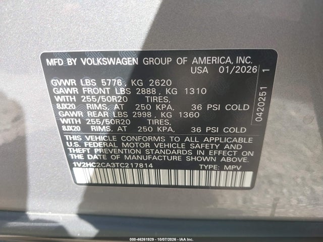 2026 Volkswagen Atlas Cross Sport Se With Technology მანქანა იყიდება აუქციონზე, vin: 1V2HC2CA3TC217814, აუქციონის ნომერი: 46261929