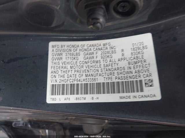 2020 Honda Civic Lx მანქანა იყიდება აუქციონზე, vin: 2HGFC2F64LH533561, აუქციონის ნომერი: 46261934