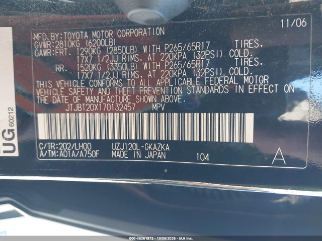 46261973 :رقم المزاد ، JTJBT20X170132457 vin ، 2007 Lexus Gx 470 مزاد بيع