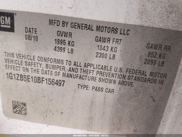 46261984 :رقم المزاد ، 1G1ZB5E10BF156497 vin ، 2011 Chevrolet Malibu Ls مزاد بيع