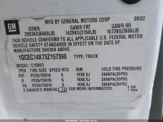 Aukcja sprzedaży 2003 Chevrolet Silverado 1500 Work Truck, vin: 1GCEC14X73Z157390, numer aukcji: 46261990