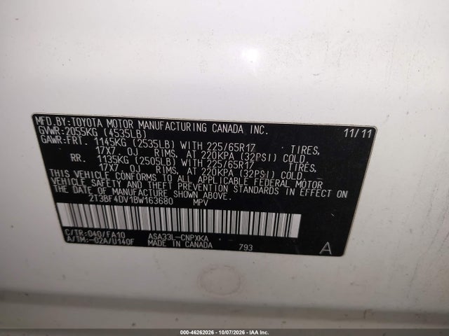2011 Toyota Rav4 მანქანა იყიდება აუქციონზე, vin: 2T3BF4DV1BW163680, აუქციონის ნომერი: 46262026