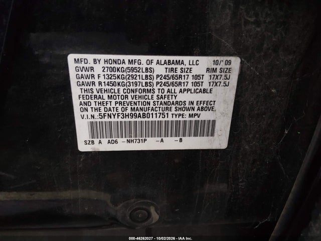 Aukcja sprzedaży 2010 Honda Pilot Touring, vin: 5FNYF3H99AB011751, numer aukcji: 46262027