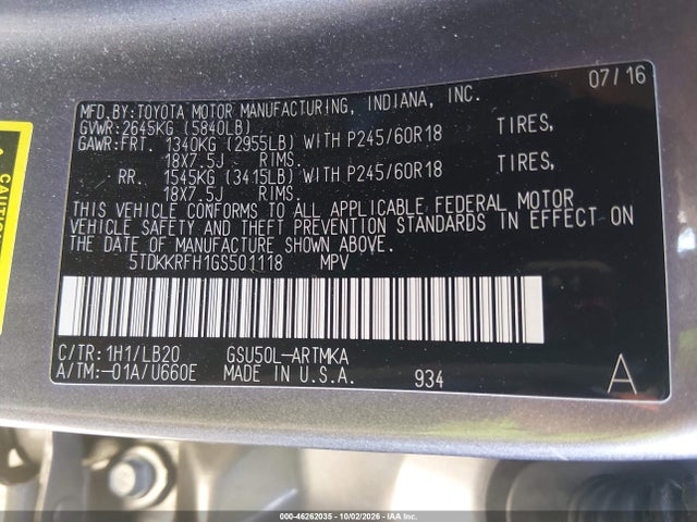 Продажа на аукционе авто 2016 Toyota Highlander Xle V6, vin: 5TDKKRFH1GS501118, номер лота: 46262035