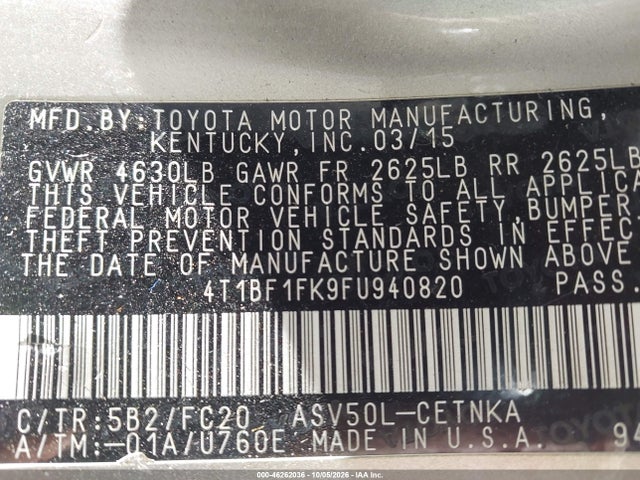 Aukcja sprzedaży 2015 Toyota Camry Le, vin: 4T1BF1FK9FU940820, numer aukcji: 46262036