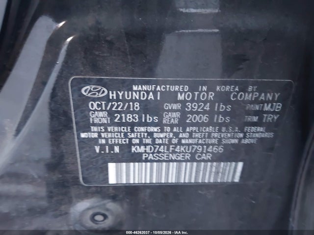 Продаж на аукціоні авто 2019 Hyundai Elantra Se, vin: KMHD74LF4KU791466, номер лоту: 46262037