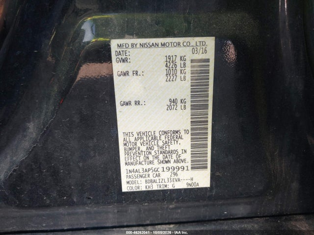 Aukcja sprzedaży 2016 Nissan Altima 2.5 Sv, vin: 1N4AL3AP5GC199991, numer aukcji: 46262041