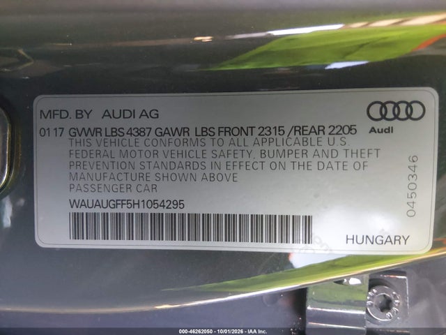 46262050 :رقم المزاد ، WAUAUGFF5H1054295 vin ، 2017 Audi A3 2.0t Premium مزاد بيع
