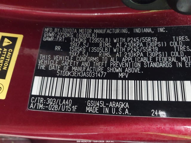 Aukcja sprzedaży 2010 Toyota Highlander Limited V6, vin: 5TDDK3EH3AS031477, numer aukcji: 46262120