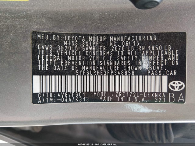2015 Toyota Corolla Le მანქანა იყიდება აუქციონზე, vin: 5YFBURHE3FP348858, აუქციონის ნომერი: 46262123