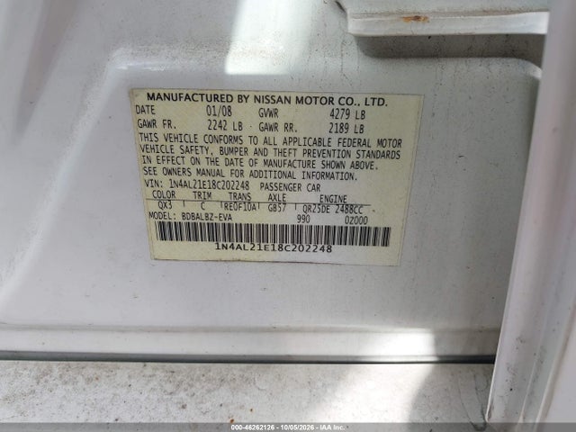 Продаж на аукціоні авто 2008 Nissan Altima 2.5 S, vin: 1N4AL21E18C202248, номер лоту: 46262126