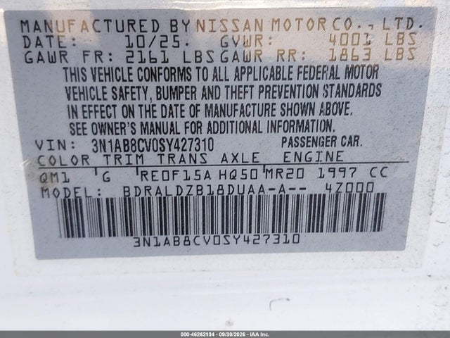 46262134 :رقم المزاد ، 3N1AB8CV0SY427310 vin ، 2025 Nissan Sentra Sv مزاد بيع