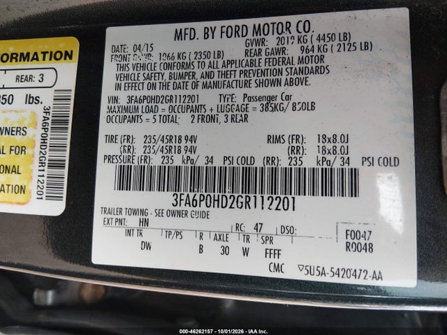 2016 Ford Fusion Se მანქანა იყიდება აუქციონზე, vin: 3FA6P0HD2GR112201, აუქციონის ნომერი: 46262157