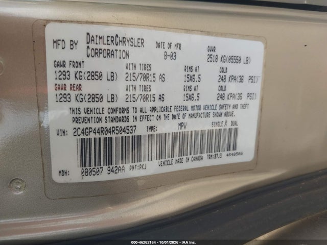 Aukcja sprzedaży 2004 Chrysler Town & Country Lx, vin: 2C4GP44R04R504537, numer aukcji: 46262164