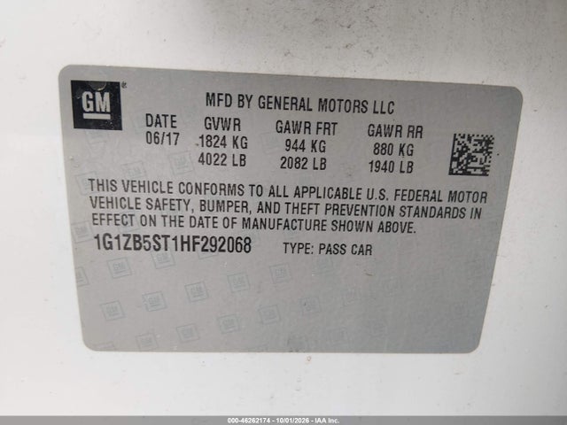 Aukcja sprzedaży 2017 Chevrolet Malibu Ls, vin: 1G1ZB5ST1HF292068, numer aukcji: 46262174