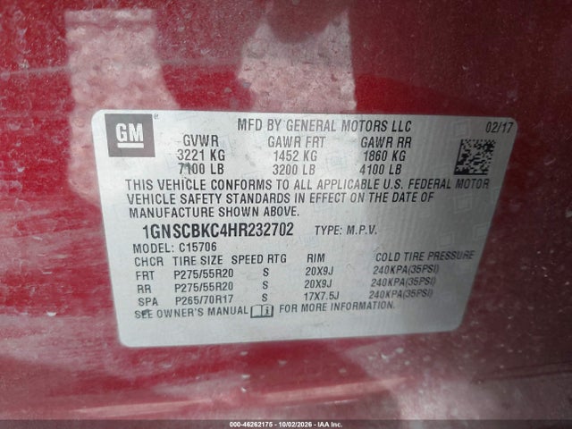 Aukcja sprzedaży 2017 Chevrolet Tahoe Lt, vin: 1GNSCBKC4HR232702, numer aukcji: 46262175