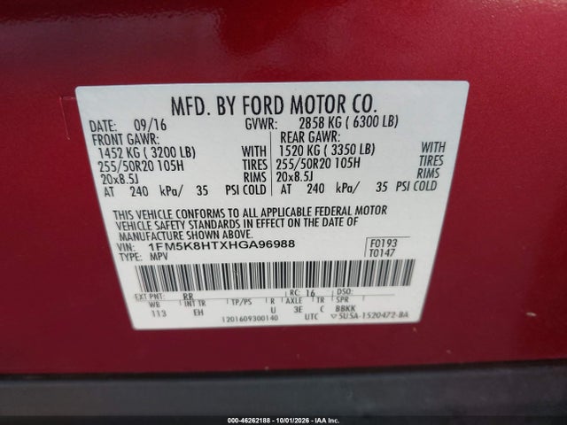 46262188 :رقم المزاد ، 1FM5K8HTXHGA96988 vin ، 2017 Ford Explorer Platinum مزاد بيع