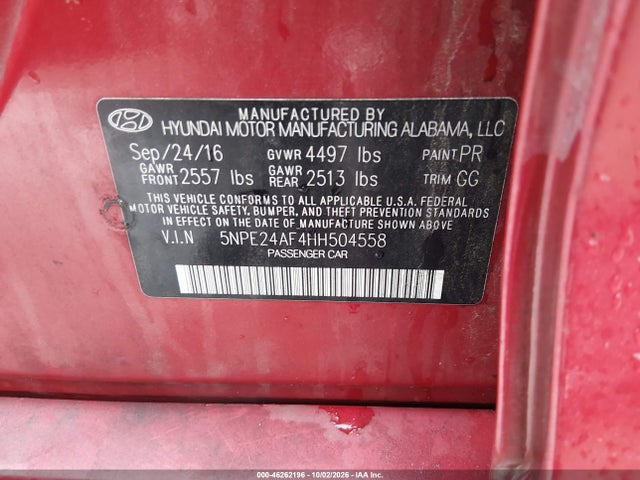 2017 Hyundai Sonata მანქანა იყიდება აუქციონზე, vin: 5NPE24AF4HH504558, აუქციონის ნომერი: 46262196