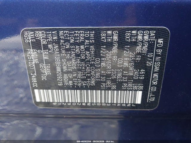 2021 Nissan Rogue Sv Intelligent Awd მანქანა იყიდება აუქციონზე, vin: JN8AT3BB5MW209219, აუქციონის ნომერი: 46262204