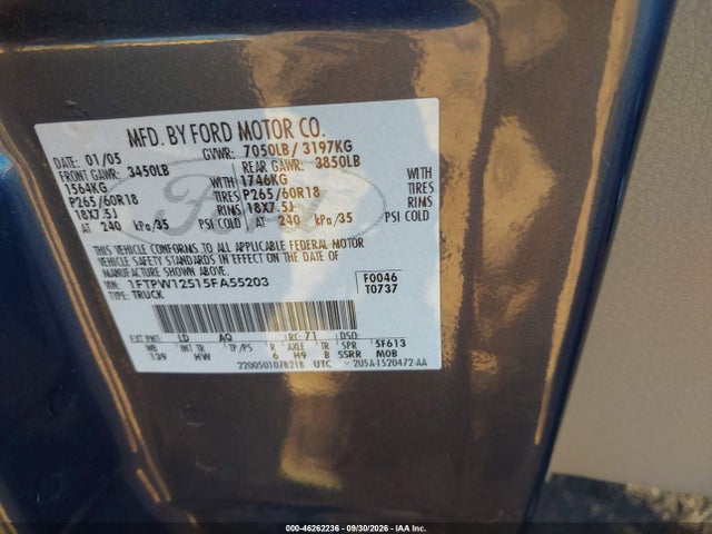 46262236 :رقم المزاد ، 1FTPW12515FA55203 vin ، 2005 Ford F-150 Lariat/xlt مزاد بيع