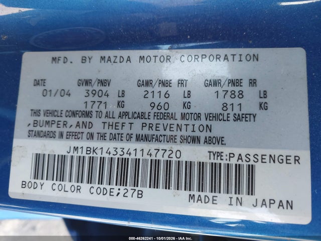 46262241 :رقم المزاد ، JM1BK143341147720 vin ، 2004 Mazda Mazda3 S مزاد بيع