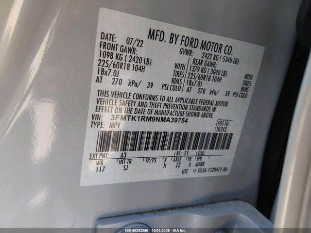 46262250 :رقم المزاد ، 3FMTK1RM9NMA39754 vin ، 2022 Ford Mustang Mach-e Select مزاد بيع