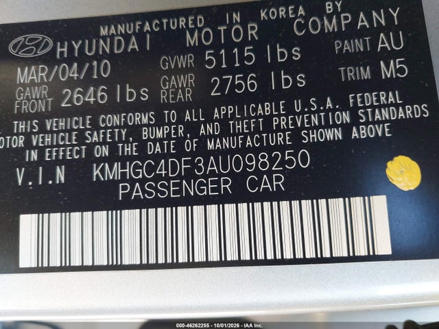 Aukcja sprzedaży 2010 Hyundai Genesis 4.6, vin: KMHGC4DF3AU098250, numer aukcji: 46262255