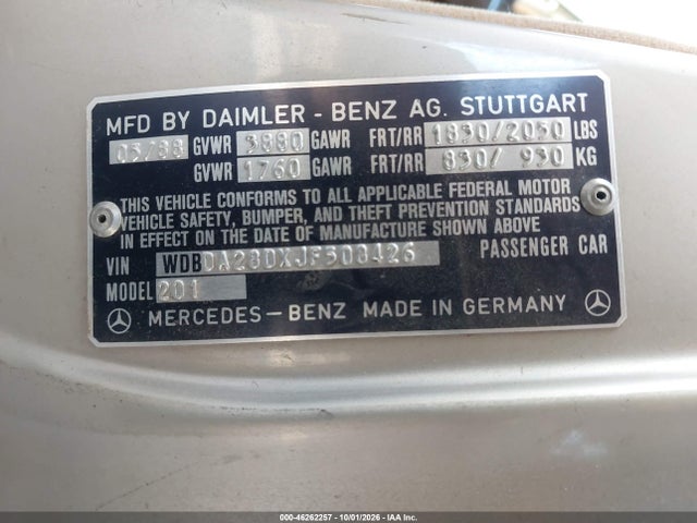 Aukcja sprzedaży 1988 Mercedes-benz 190 E 2.3, vin: WDBDA28DXJF508426, numer aukcji: 46262257