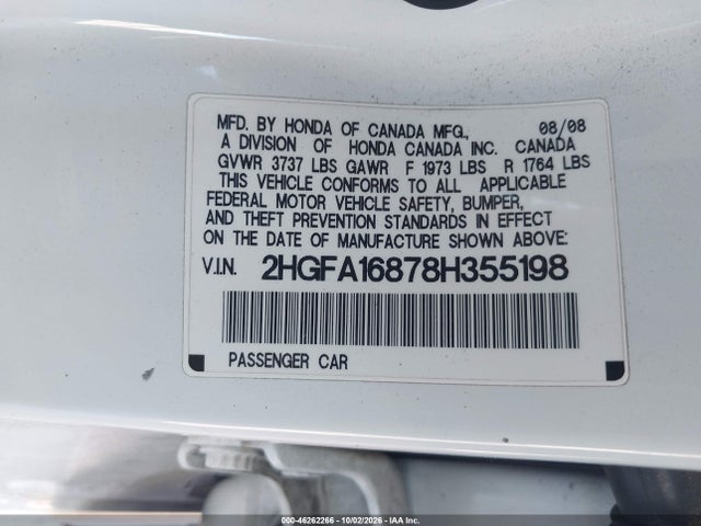 Aukcja sprzedaży 2008 Honda Civic Ex, vin: 2HGFA16878H355198, numer aukcji: 46262266