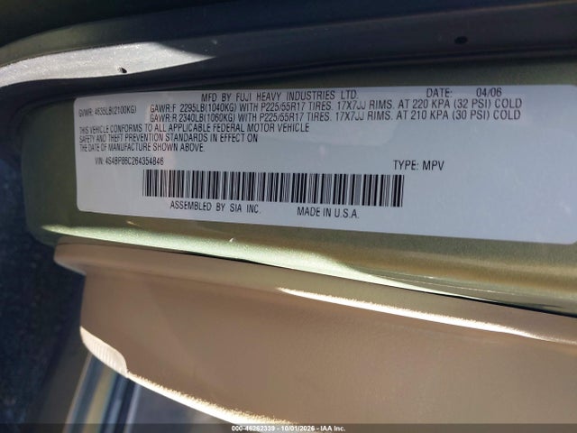 Продажа на аукционе авто 2006 Subaru Outback 3.0r L.l. Bean Edition, vin: 4S4BP86C264354846, номер лота: 46262339